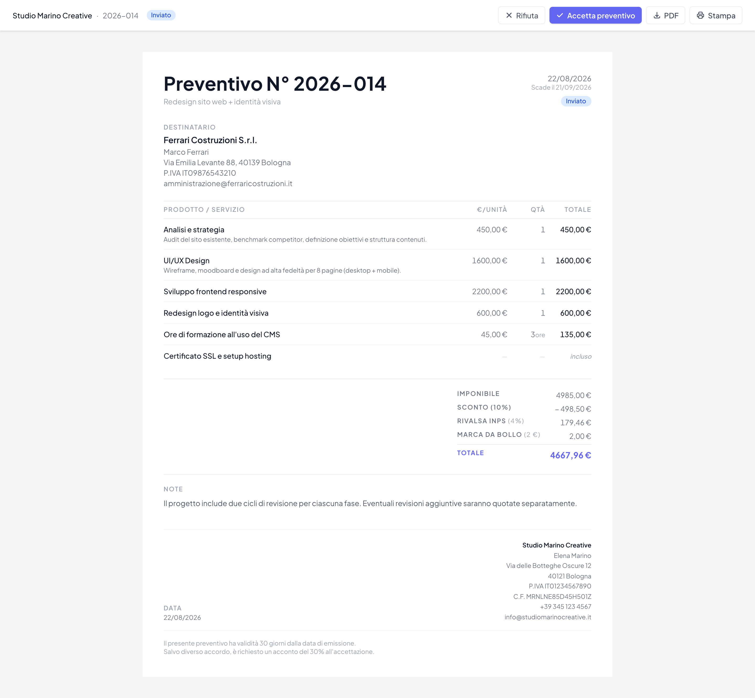 PreventivoRapido — La schermata visibile al cliente